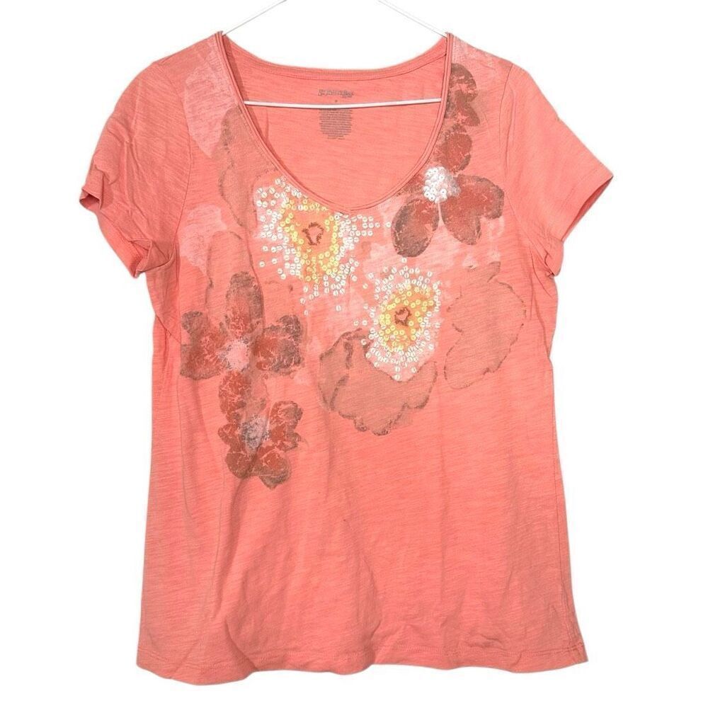 St. Johns Bay Floral Sequin Cotton Slub Knit T-shirt Coral Pink Medium